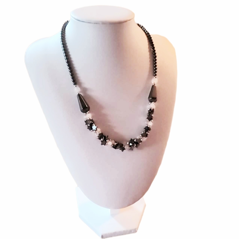Black & White Necklace Hematite Teardrops Stars & Beads 18"